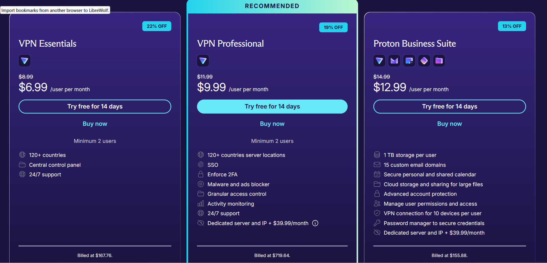 Proton VPN for Business pricing.